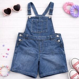 DKNY Girls Overall Shorts Blue White Stripe Adjustable Straps Size 14 Logo